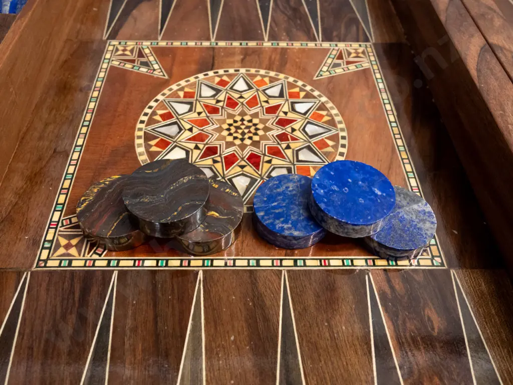 Syrian intricately inlaid mixed timber and mother of pearl backgammon set w/ tigers eye and lapis lazuli playing pieces. Image 1++