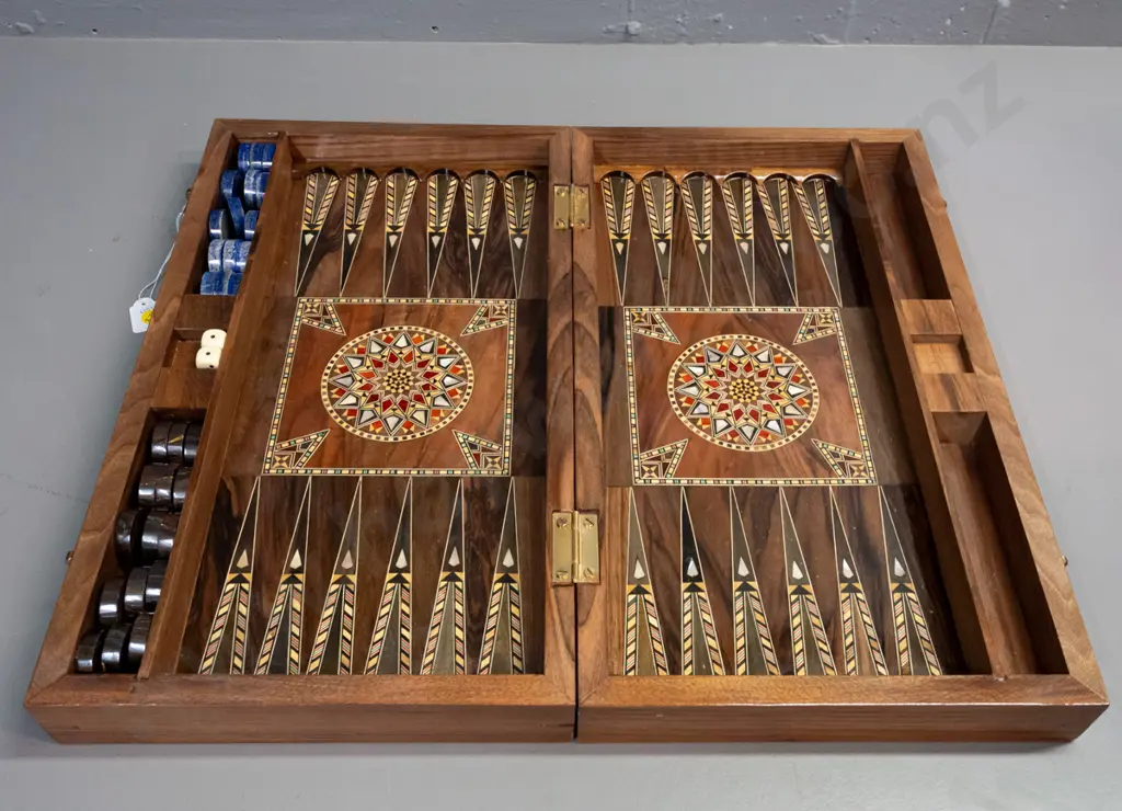 Syrian intricately inlaid mixed timber and mother of pearl backgammon set w/ tigers eye and lapis lazuli playing pieces. Image 1++