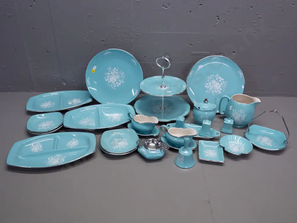 assorted retro Royal Winton Grimwades serving & tableware: cake plate, segmented dishes, salt & pepper, bell, jugs etc. Image 1++