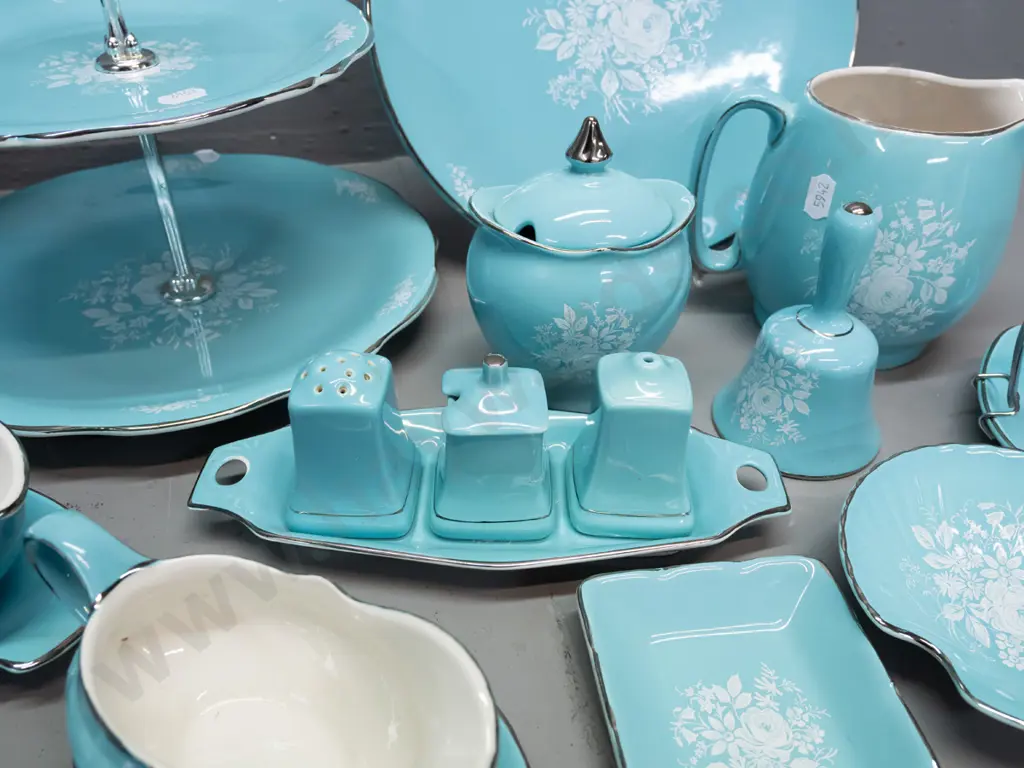 assorted retro Royal Winton Grimwades serving & tableware: cake plate, segmented dishes, salt & pepper, bell, jugs etc. Image 1++