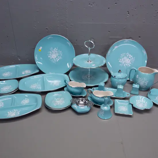 assorted retro Royal Winton Grimwades serving & tableware: cake plate, segmented dishes, salt & pepper, bell, jugs etc.
