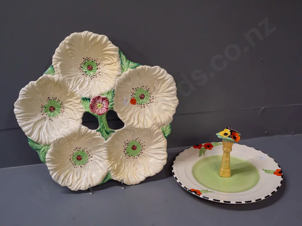 vintage English china cake plate (hard to read stamp) and Carlton ware segmented dish with pierced handle in centre - Image 1++