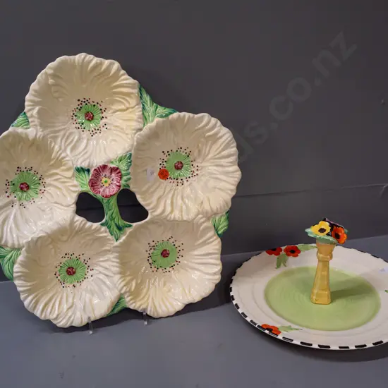 vintage English china cake plate (hard to read stamp) and Carlton ware segmented dish with pierced handle in centre -
