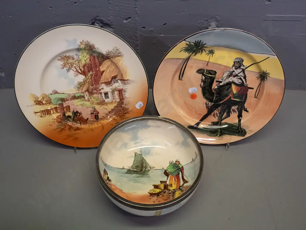 Royal Doulton series ware - Fisherfolk fruit or salad bowl with plated rim, "Desert Scenes" plate and "Rustic English" Image 1++
