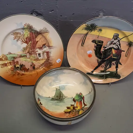 Royal Doulton series ware - Fisherfolk fruit or salad bowl with plated rim, "Desert Scenes" plate and "Rustic English"