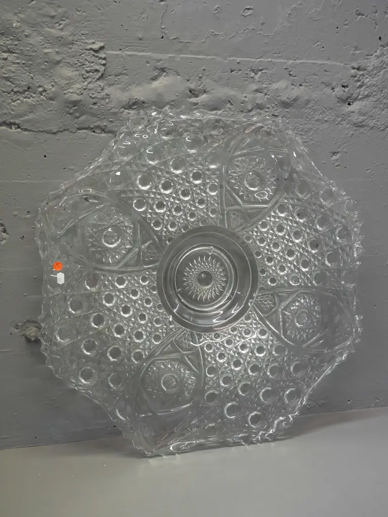 very large clear moulded glass punch bowl set with base/ plate and 7 cups, plastic ladle H-265 Plate D-600 Image 1++