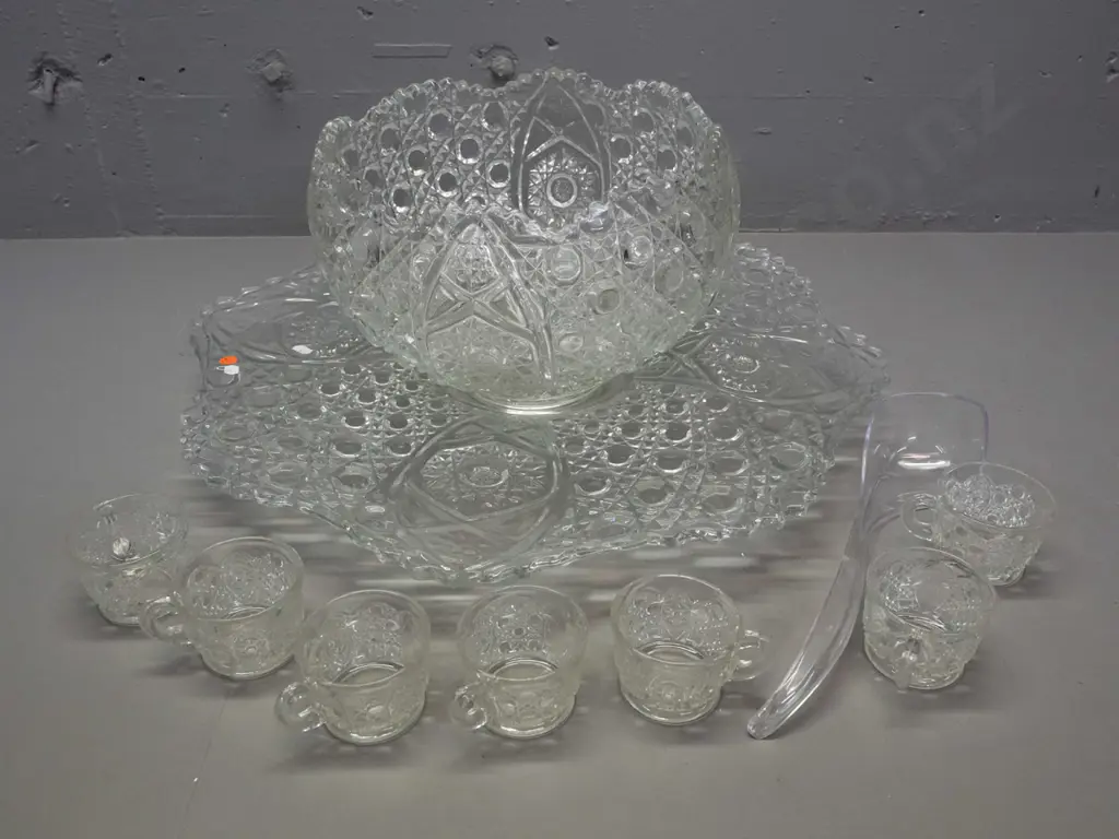 very large clear moulded glass punch bowl set with base/ plate and 7 cups, plastic ladle H-265 Plate D-600 Image 1++