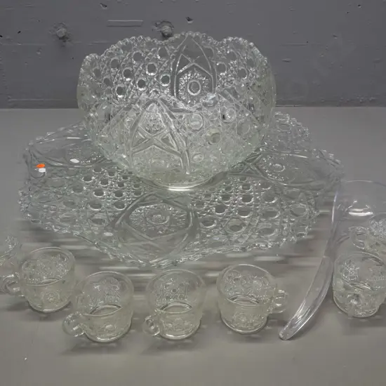 very large clear moulded glass punch bowl set with base/ plate and 7 cups, plastic ladle H-265 Plate D-600