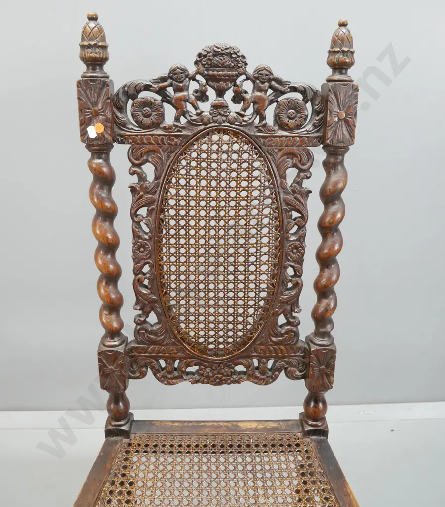 7x 19th century northern European Jacobean style oak dining chairs, 6 matching and one odd, with hand woven cane seat & Image 1++