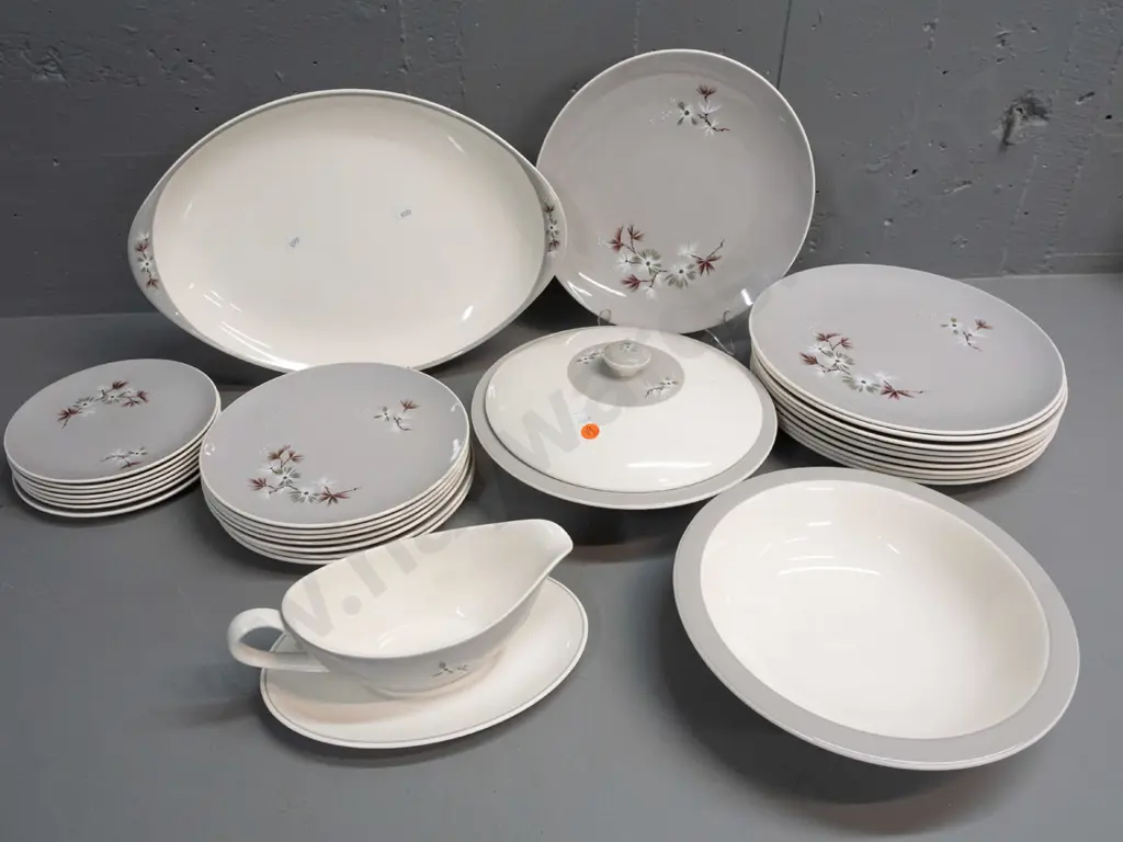 Royal Doulton "Frost Pine" table ware - ashett, 2 vege dishes, one with lid, gravy boat and saucer, 10 dinner plates, 7 Image 1++