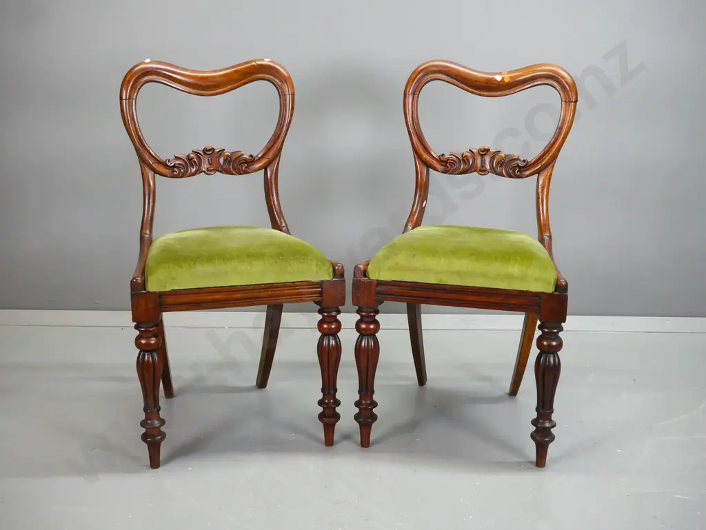 pair of William IV style chairs with shaped backs w/ foliate carved rail, turned and fluted front legs, pop out seats, Image 1++