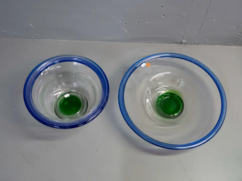 2 art glass bowls - clear with green base and blue rims - larger fruit bowl is D-350, other is H-135 D-260 Image 1++