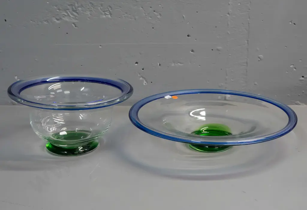 2 art glass bowls - clear with green base and blue rims - larger fruit bowl is D-350, other is H-135 D-260 Image 1++