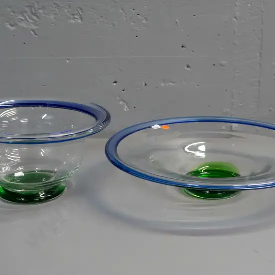2 art glass bowls - clear with green base and blue rims - larger fruit bowl is D-350, other is H-135 D-260