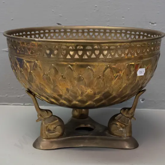 brass bowl with pierced top rim, beaten motifs, rounded bottom on tri-form base with elephant supports - some dis-