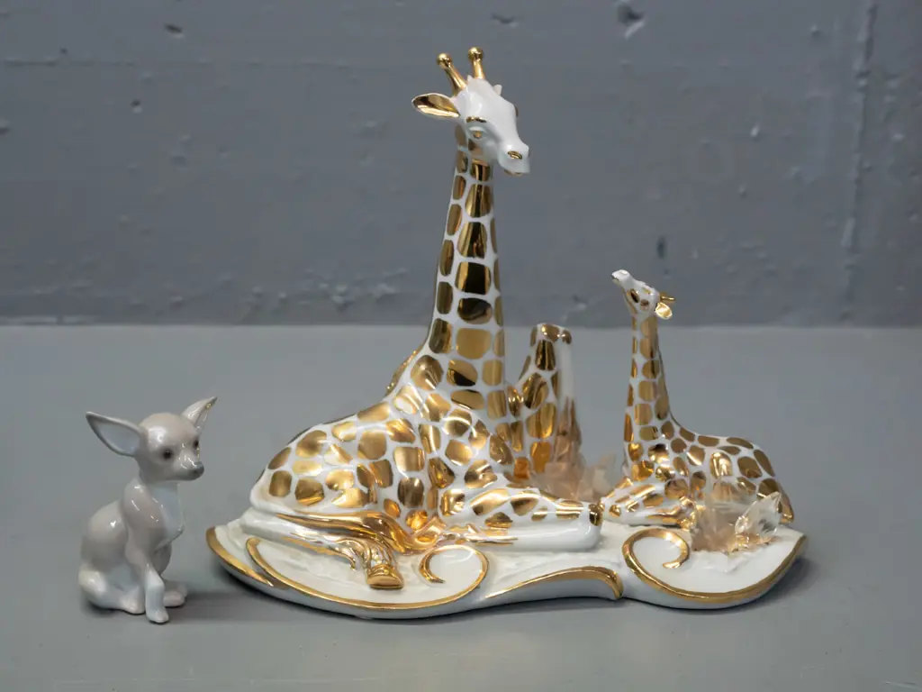 RG Porcelain Italy white and gilt giraffe pair figure with crystal pieces, with Limoges and Swarovski labelling, and a Image 1++
