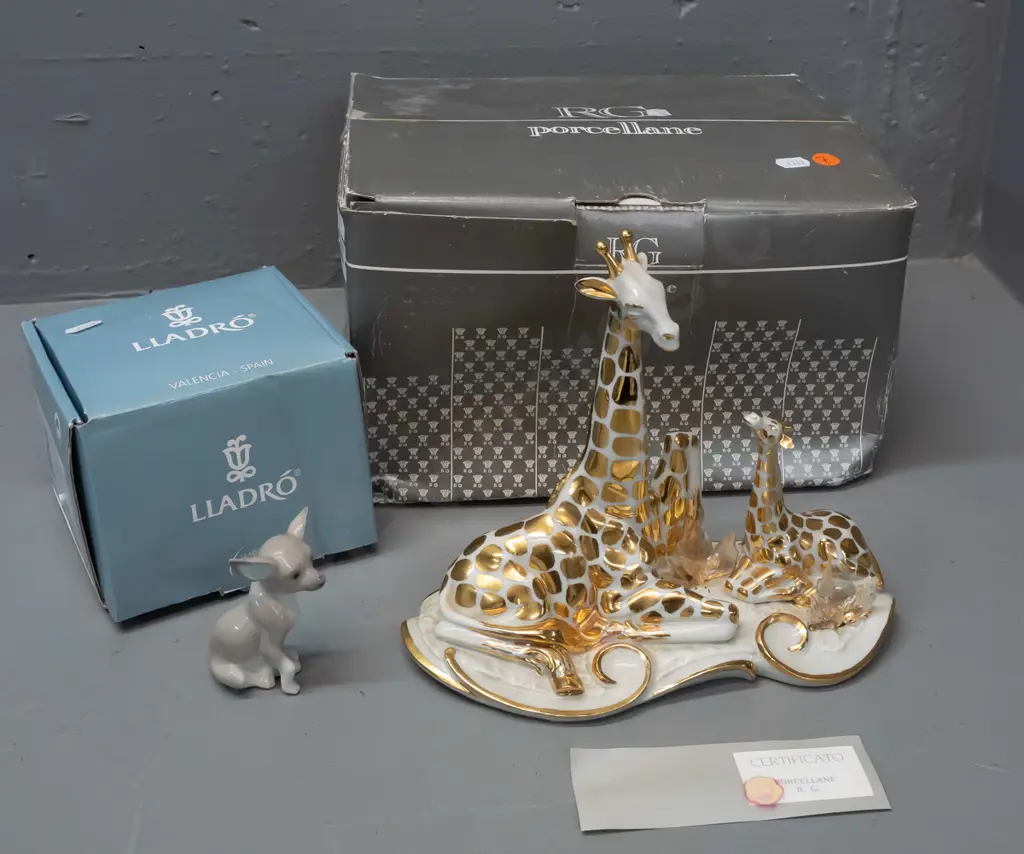 RG Porcelain Italy white and gilt giraffe pair figure with crystal pieces, with Limoges and Swarovski labelling, and a Image 1++
