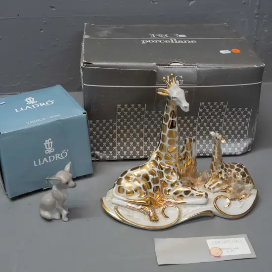 RG Porcelain Italy white and gilt giraffe pair figure with crystal pieces, with Limoges and Swarovski labelling, and a