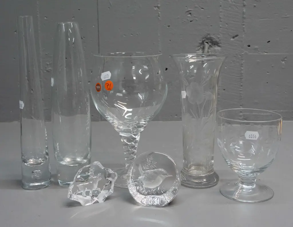 clear glass items - 3 vases, wine glass and 2 moulded Mats Jonasson animal ornaments. Large goblet with twist stem has Image 1++