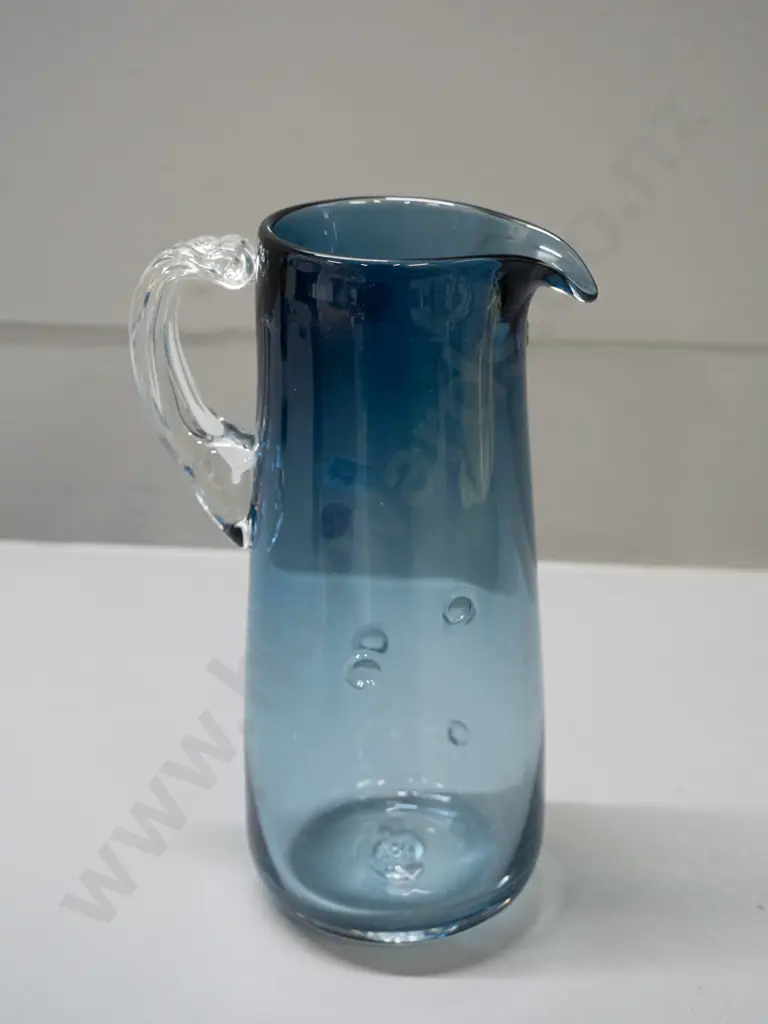 blue art glass jug marked Patrick Stern on base - clear handle, indented bubble motifs H-215 Image 1++