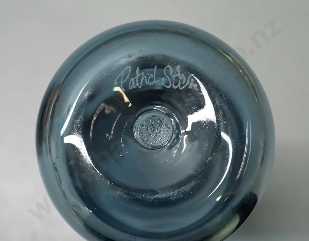 blue art glass jug marked Patrick Stern on base - clear handle, indented bubble motifs H-215 Image 1++