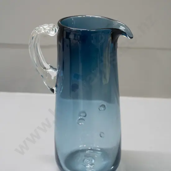 blue art glass jug marked Patrick Stern on base - clear handle, indented bubble motifs H-215