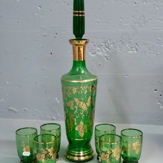 retro green and gilt stoppered decanter H-430 and 6 glasses - with grape and bird motifs