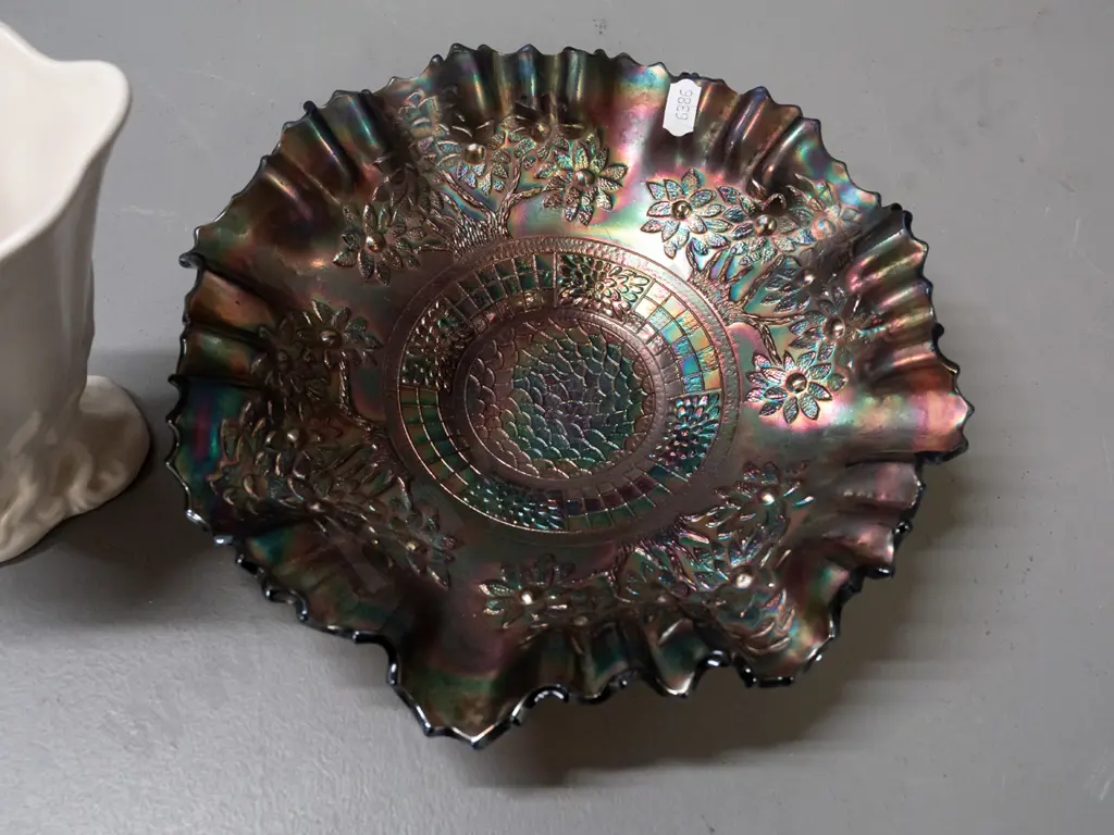 Blue "Orange Tree" pattern carnival glass frilled rim bowl, & Crown Lynn tree root slip cast vase. Image 1++