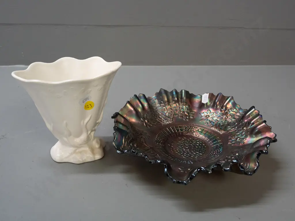 Blue "Orange Tree" pattern carnival glass frilled rim bowl, & Crown Lynn tree root slip cast vase. Image 1++