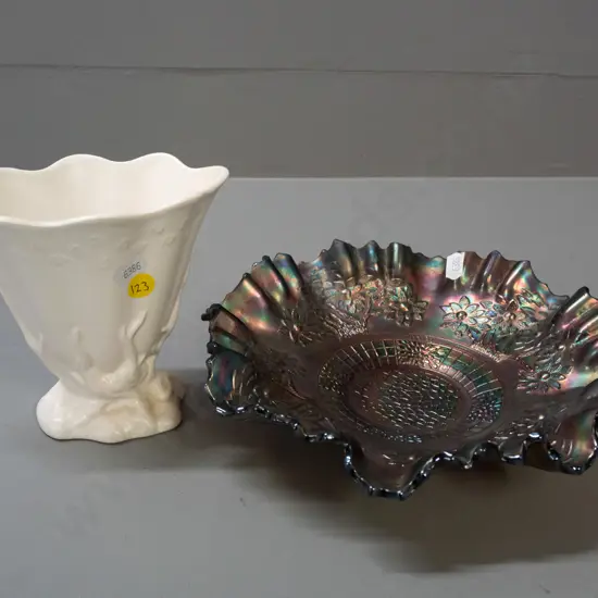 Blue "Orange Tree" pattern carnival glass frilled rim bowl, & Crown Lynn tree root slip cast vase.