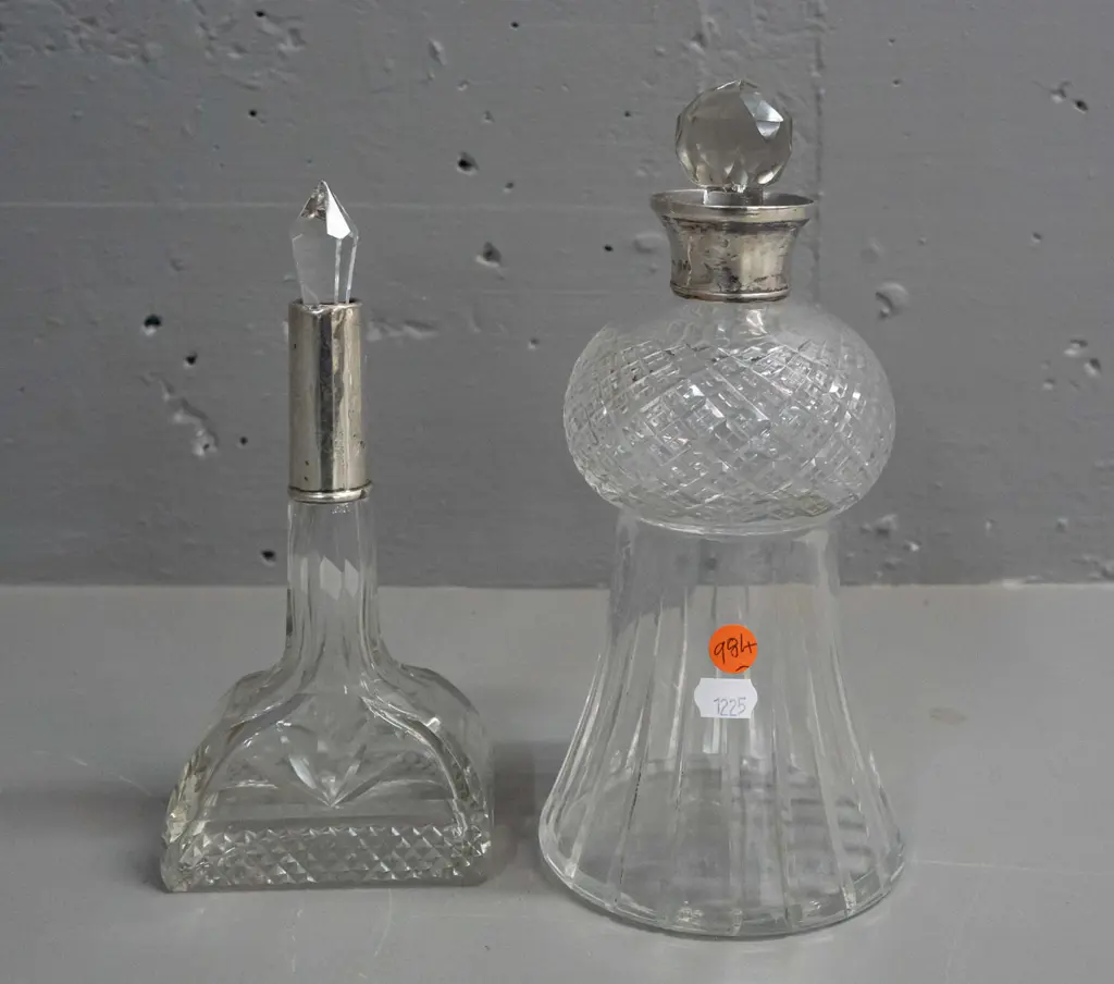 2 sterling silver mounted large scent bottles - deco style shapes, both stoppers likely not original, chip to tip of Image 1++