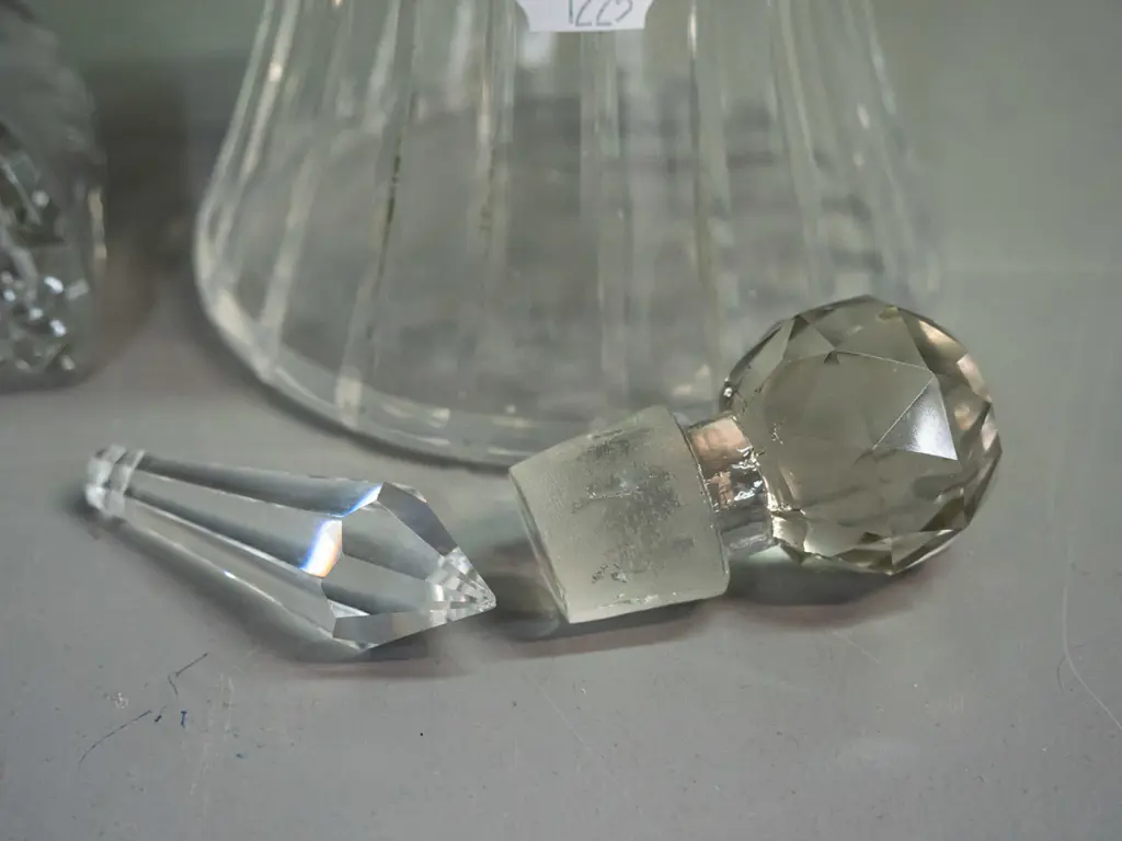 2 sterling silver mounted large scent bottles - deco style shapes, both stoppers likely not original, chip to tip of Image 1++