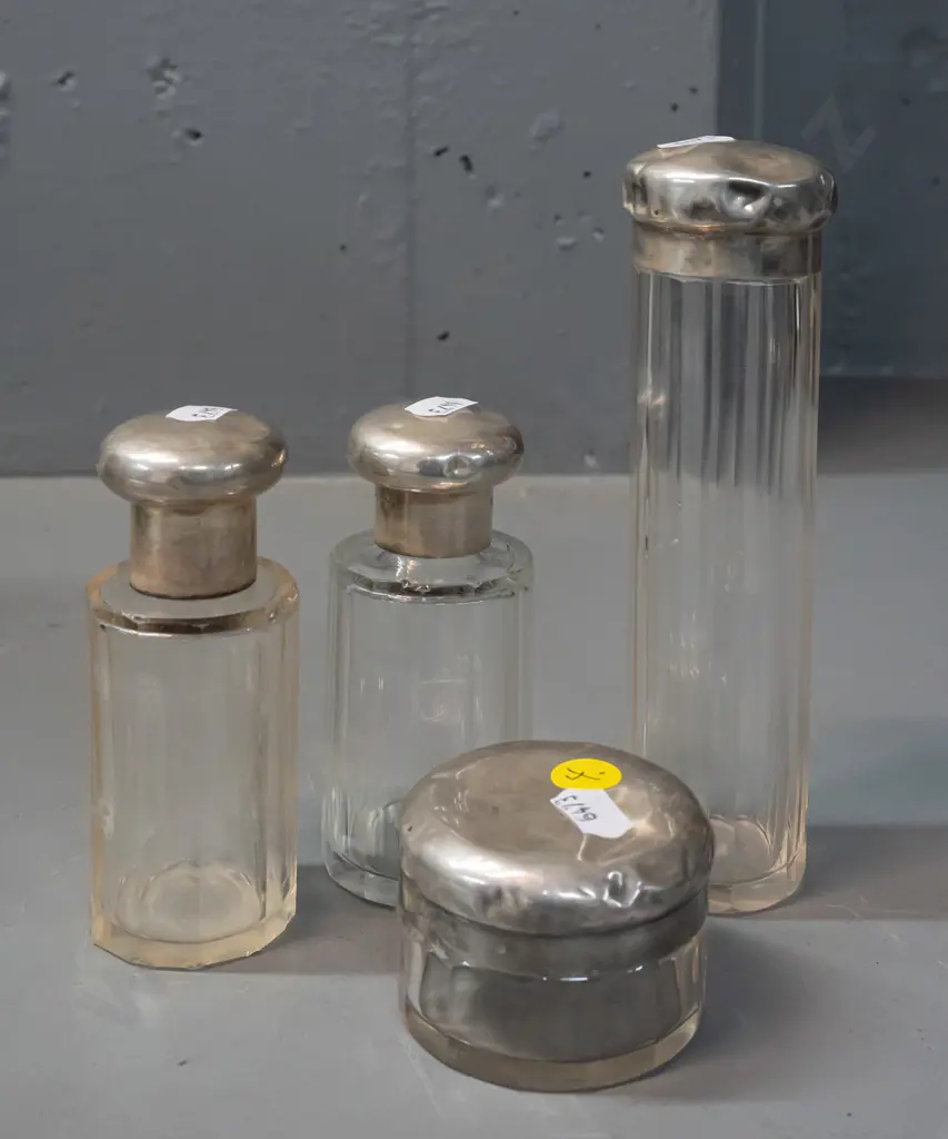 4-piece Glass and Sterling Silver dressing table set. Tops marked '950 HG'. Small chips to glass, denting to silver lids Image 1++