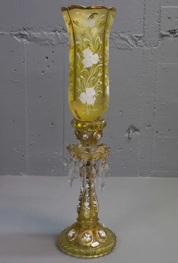 vintage nouveau style yellow glass 2-piece candle or lamp base with hand painted enamel and gilt decoration - has a Image 1++