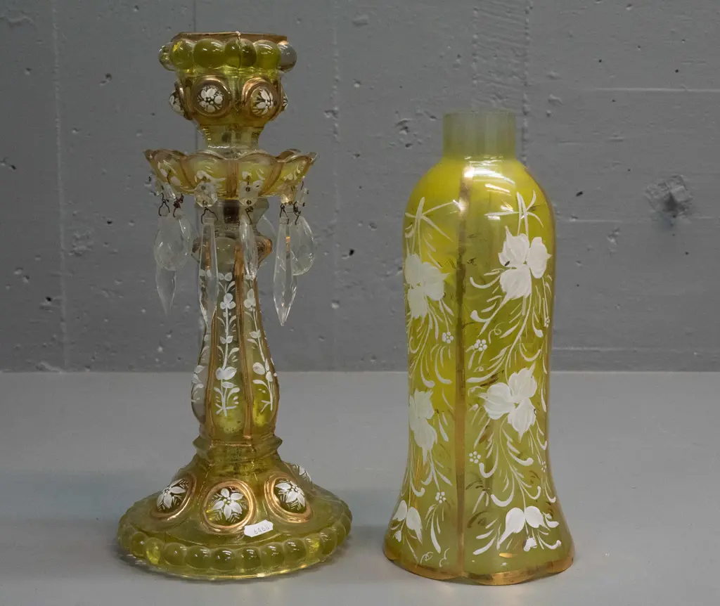 vintage nouveau style yellow glass 2-piece candle or lamp base with hand painted enamel and gilt decoration - has a Image 1++
