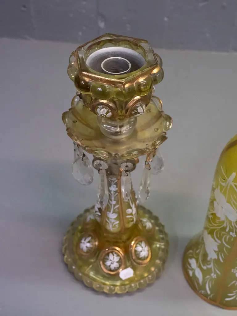 vintage nouveau style yellow glass 2-piece candle or lamp base with hand painted enamel and gilt decoration - has a Image 1++