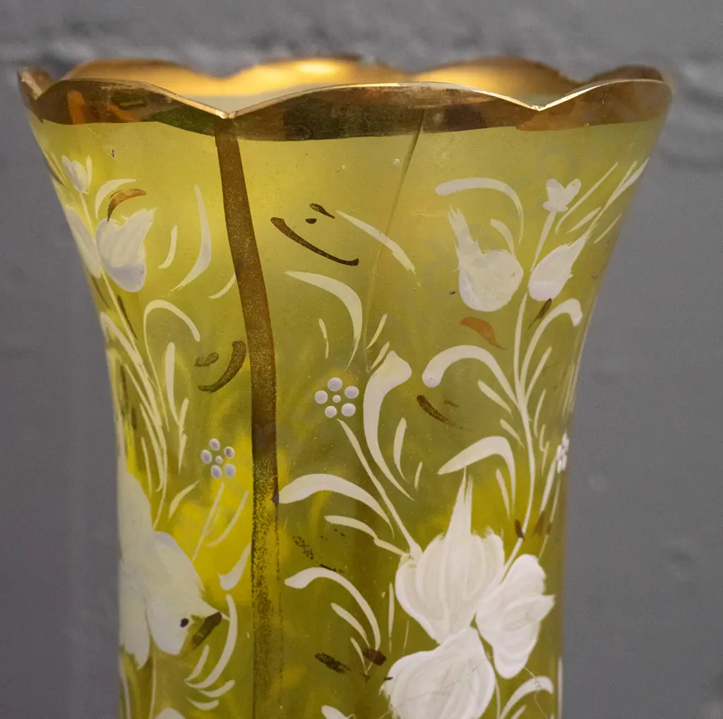 vintage nouveau style yellow glass 2-piece candle or lamp base with hand painted enamel and gilt decoration - has a Image 1++