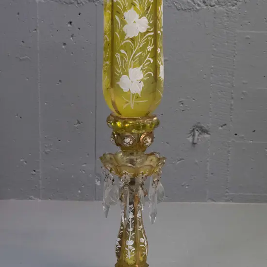vintage nouveau style yellow glass 2-piece candle or lamp base with hand painted enamel and gilt decoration - has a