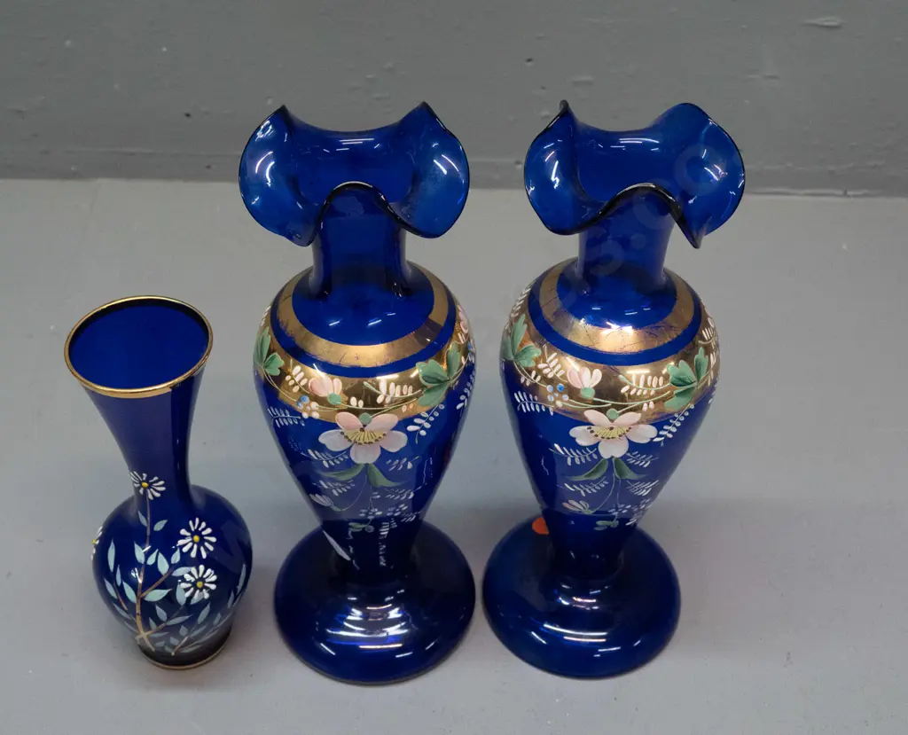 pair of cobalt blue glass Venetian style frilled rim vases w/ gilt & enamel decoration and one smaller - minor wear to Image 1++