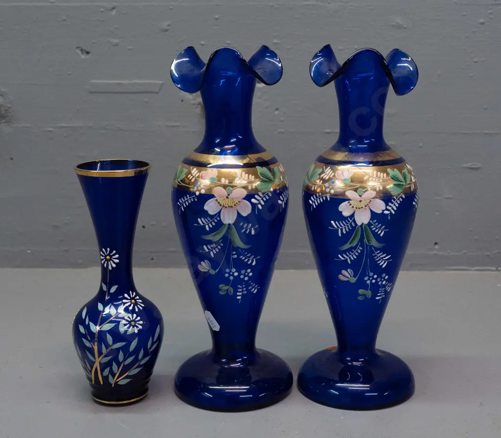pair of cobalt blue glass Venetian style frilled rim vases w/ gilt & enamel decoration and one smaller - minor wear to Image 1++