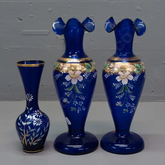 pair of cobalt blue glass Venetian style frilled rim vases w/ gilt & enamel decoration and one smaller - minor wear to