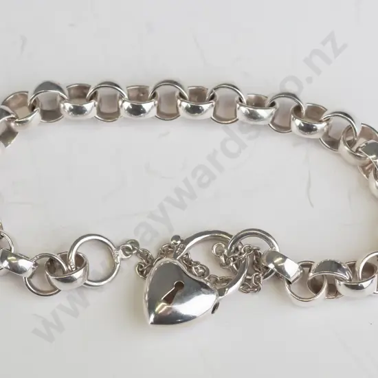 silver link bracelet with heart clasp & safety chain