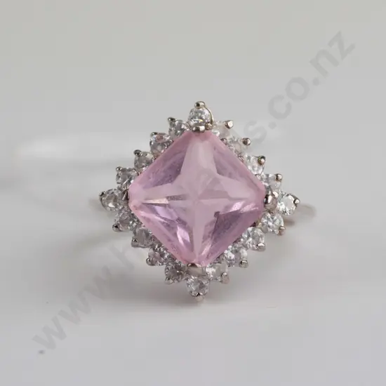 sterling silver square pink stone cz cluster ring size N