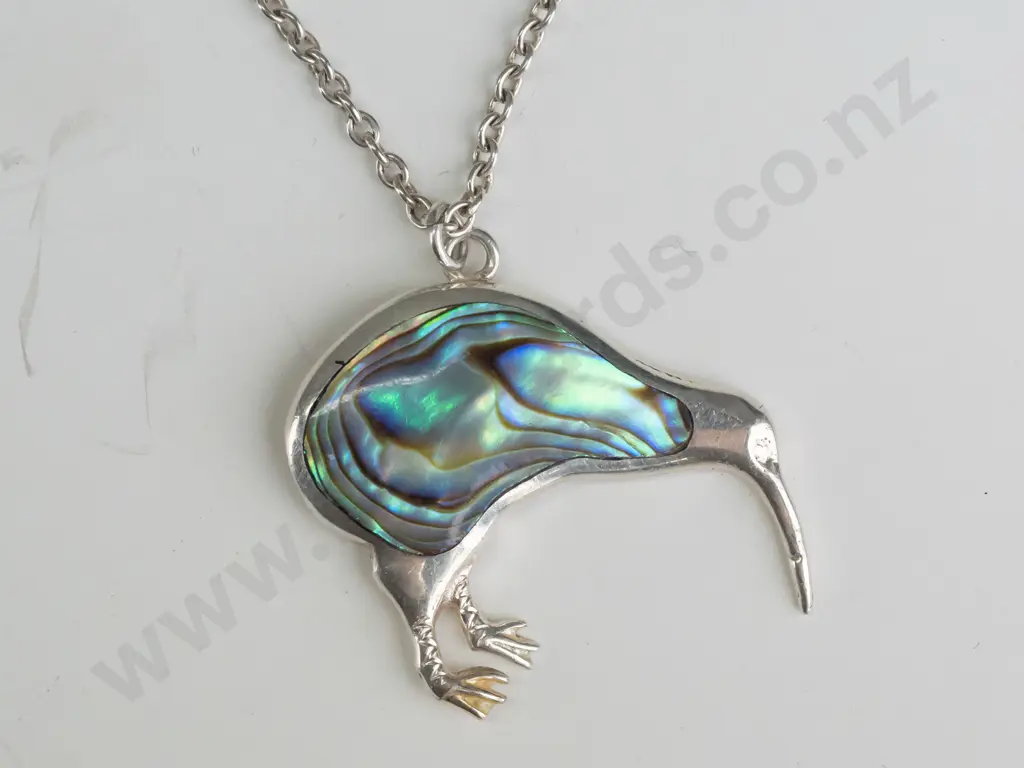 silver kiwi necklace with paua shell stamped stg sil Image 1++