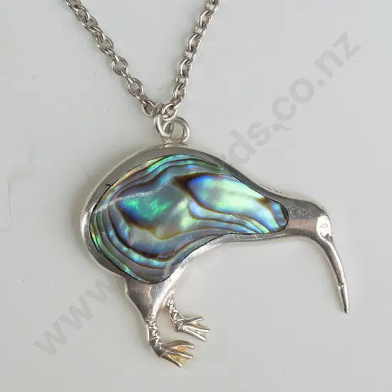 silver kiwi necklace with paua shell stamped stg sil