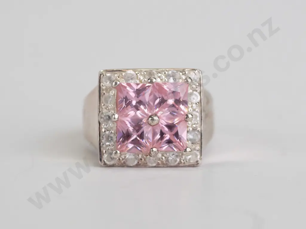 cz and pink stone sterling silver ring - size O.5 Image 1++