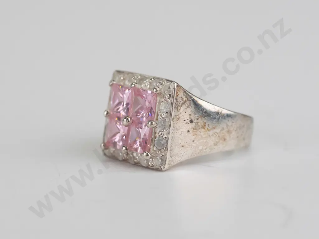cz and pink stone sterling silver ring - size O.5 Image 1++