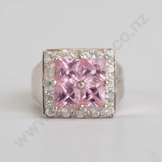 cz and pink stone sterling silver ring - size O.5