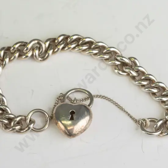 silver bracelet with heart clasp & safety chain stamped 925