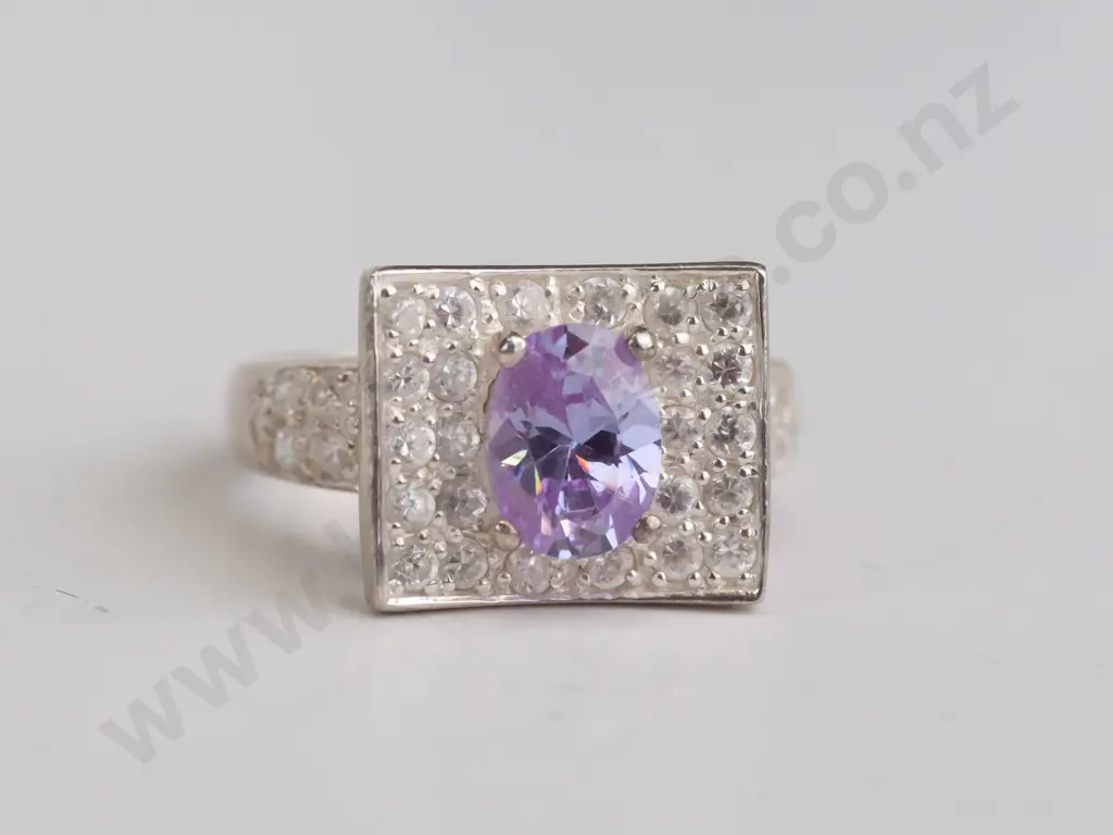cz and purple stone sterling silver ring - size O.5 Image 1++